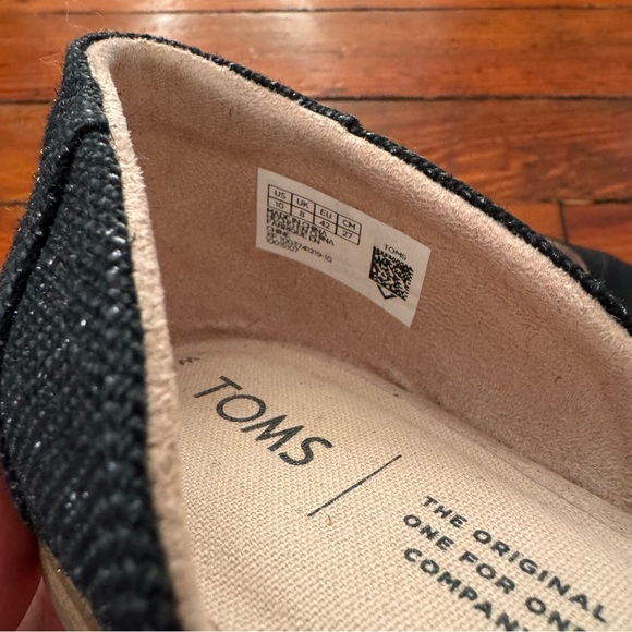 TOMS Julie d'Orsay Flats Black Leather Canvas Heeled Loafer Size 10 Like New - Picture 9 of 11